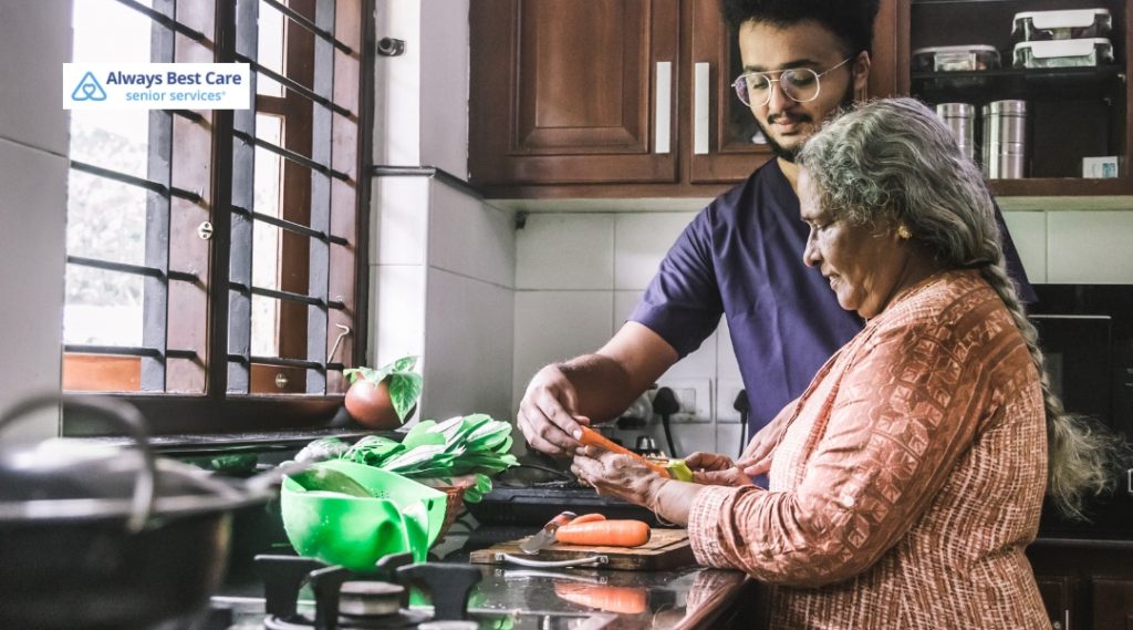 Encouraging Healthy Eating: How to Boost Your Senior’s Appetite in Kitchener, ON 5 Posts A caregiver helps an elderly woman prepare fresh vegetables in the kitchen, encouraging independence and healthy eating.