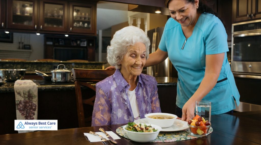 A caregiver smiling and serving a meal to an elderly woman sitting at a dining table in a well-lit kitchen. The meal consists of soup, salad, and fruit, with the elderly woman smiling at the gesture.